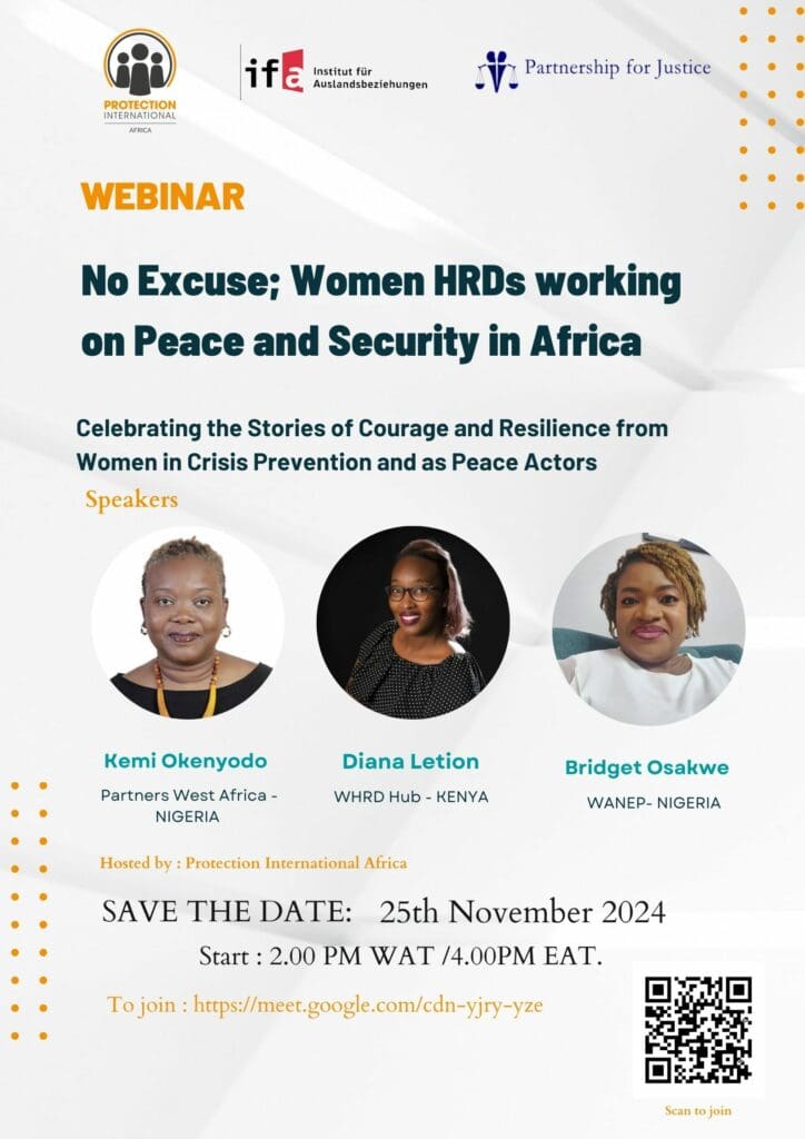 Social media invitation to the webinar: No Excuse; Women HRDs Working on Peace and Security in Africa